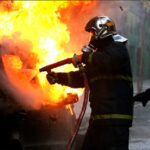 A car was impaled on a pole and engulfed in flames on Marathon Avenue