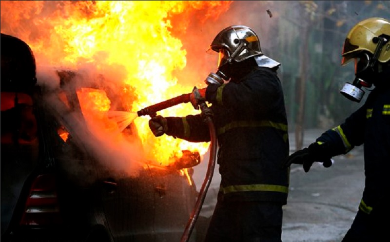 A car was impaled on a pole and engulfed in flames on Marathon Avenue