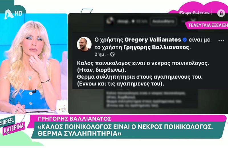 Katerina Newigou for Gregory Valianato: "I saw the comment on Alexis Kougia and I shook"